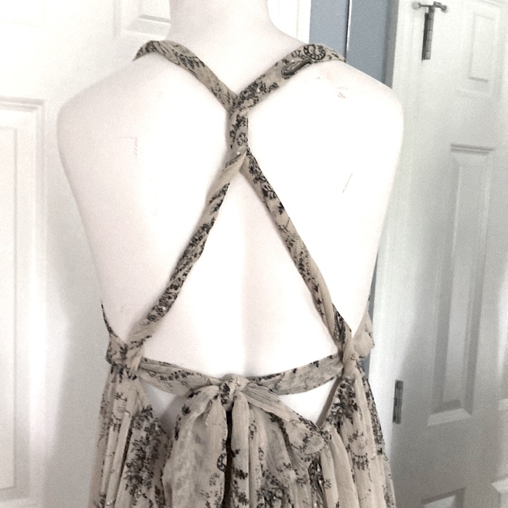 Mango Beige Floral Maxi Dress with Cross-Back Straps
